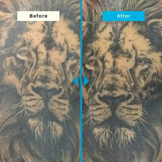 Comparison of a tattoo design before and after enhancement, showing a blue arrow pointing to the 'After' version.