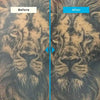 Comparison of a tattoo design before and after enhancement, showing a blue arrow pointing to the 'After' version.