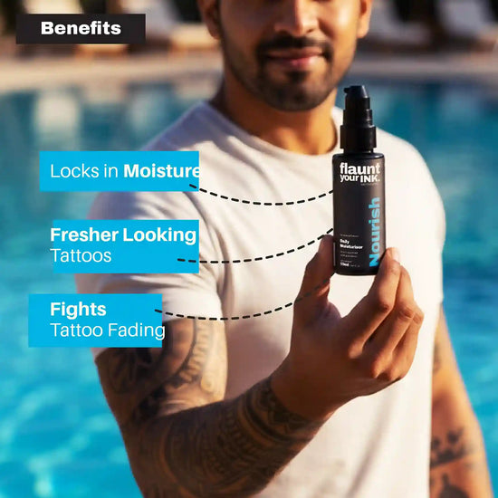 Man holding a bottle of 'flaunt' product by a pool, with text highlighting benefits.