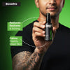 Person holding a bottle of 'flaunt' product with text on benefits against a green background