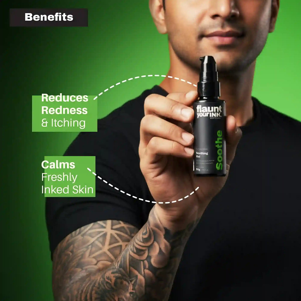 Person holding a bottle of 'flaunt' product with text on benefits against a green background