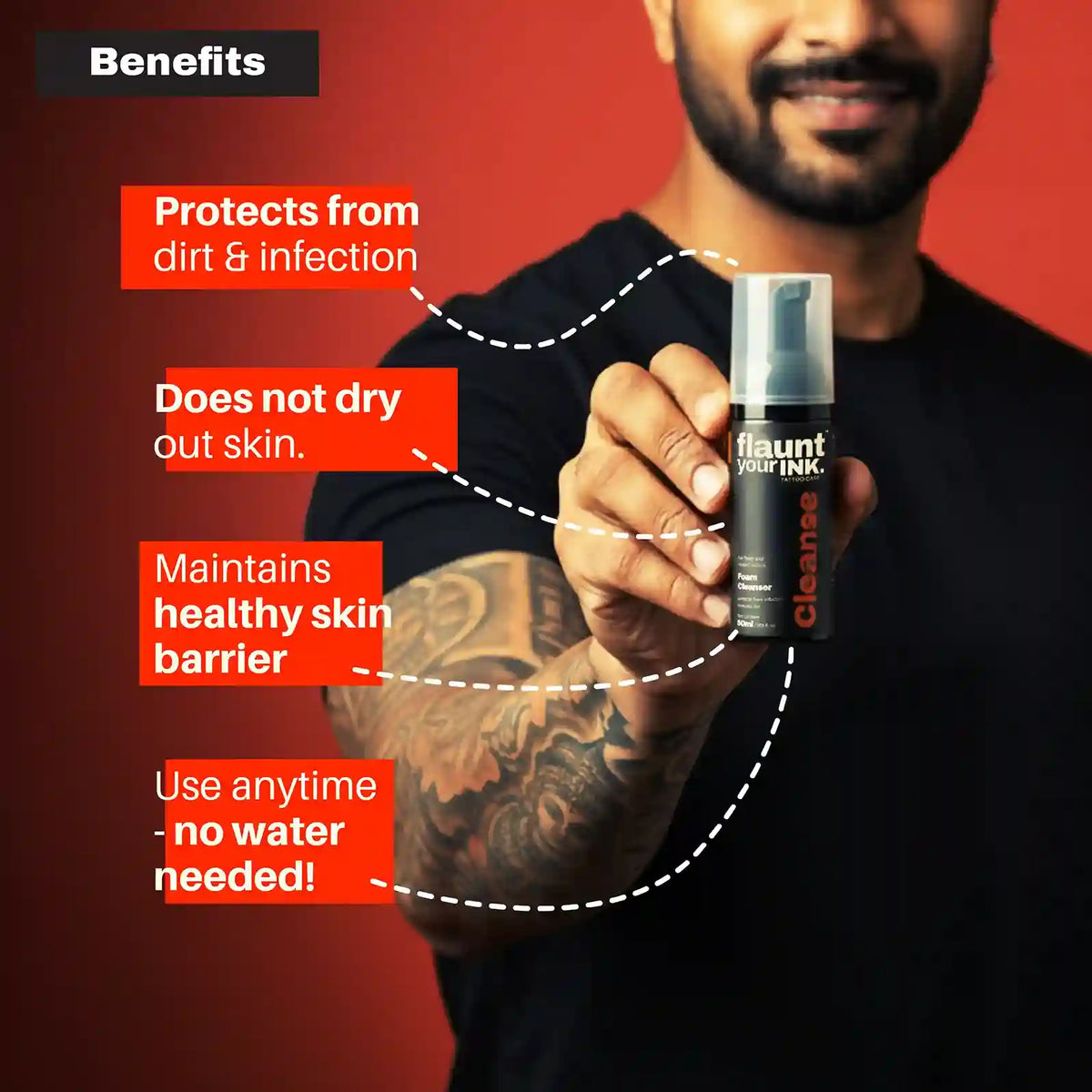 Man holding flaunt your ink foam cleanser with text highlighting benefits on a red background