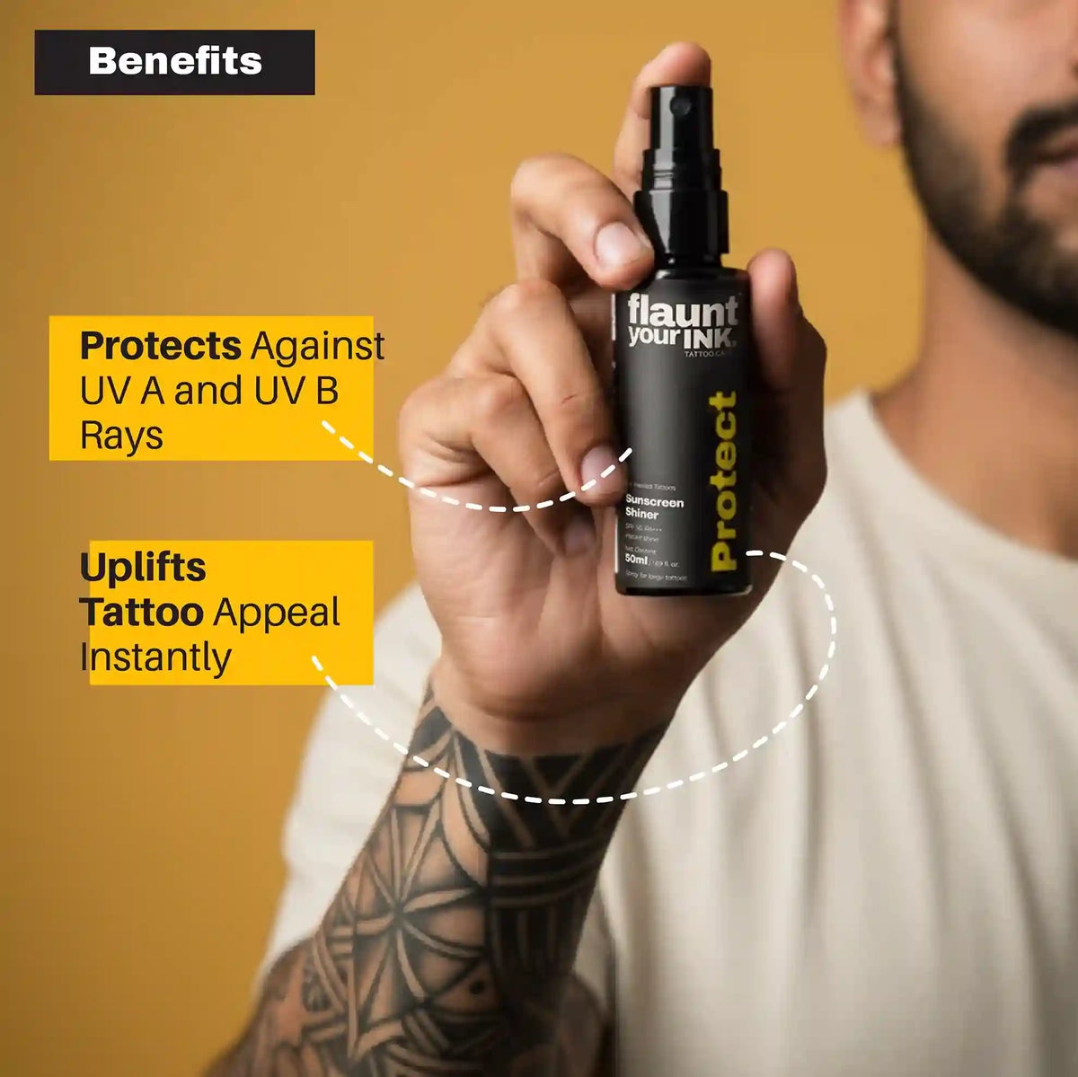 Person holding a bottle of ' flaunt your INK Protect' with text highlighting benefits on a yellow background