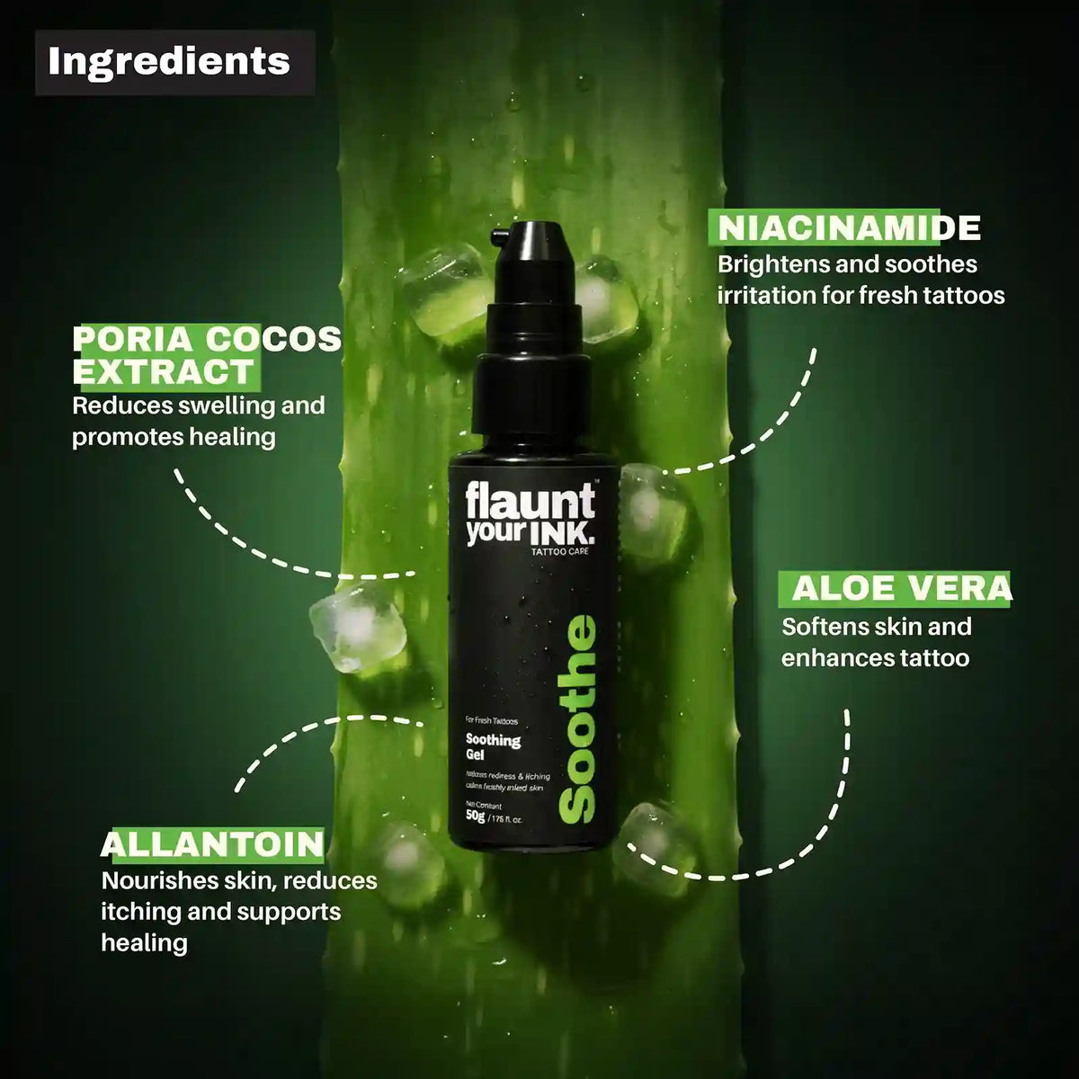  flaunt your ink soothing gel with green gel and text on a dark green background