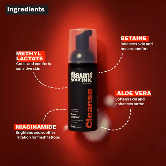 Foam cleanser bottle with ingredients listed on a red background