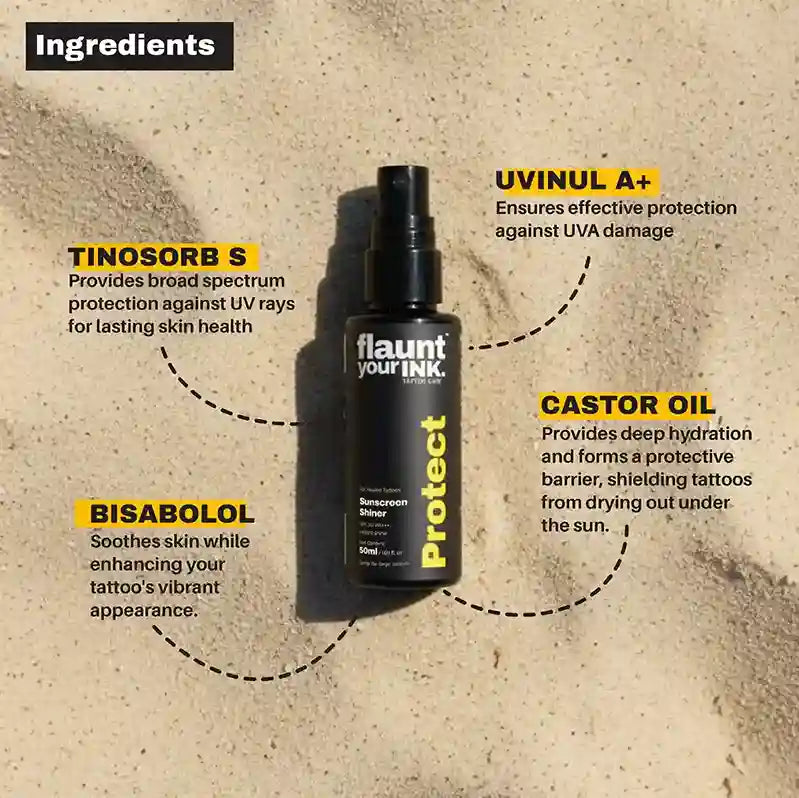 Black spray bottle labeled ' flaunt your INK' with ingredients listed on a textured beige background