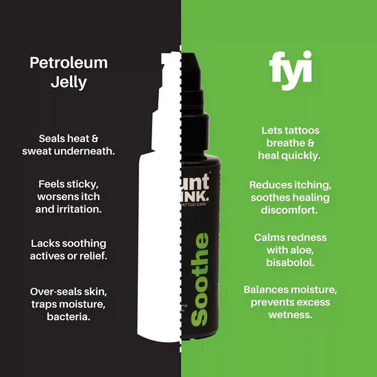 Comparison of Petroleum Jelly and flaunt your Ink Soothe on a black and green background