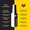 Comparison of 'Other Sunscreens' and 'fyi' sunscreen bottle with text on a black and yellow background.