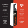 Comparison of traditional cleanser and 'fyi' cleanser for tattoo care on a black and red background.