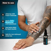 Person applying moisturizer to tattooed arm with product bottle, step-by-step guide on a blue background