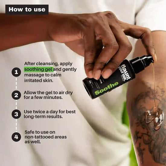 Person applying soothing gel to skin with text on how to use it