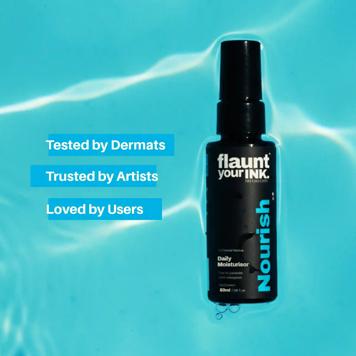 Black bottle of 'flaunt your INK' Nourish Daily Moisturizer on a blue background with text about its benefits.