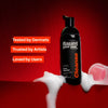Black bottle of ' flaunt your INK' foam cleanser with text on a red background