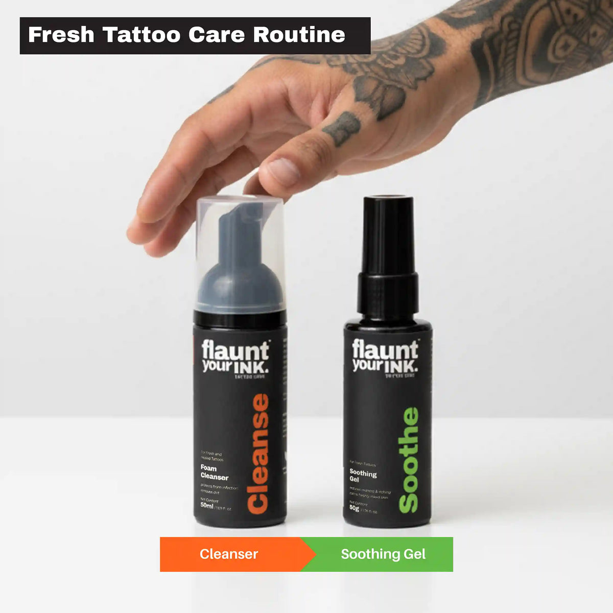 Two tattoo care products from flaunt your ink on a white background showing fresh tattoo care routine