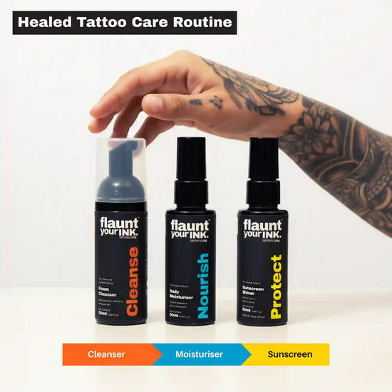 Three bottles of flaunt your ink tattoo care products with a hand holding one bottle on a white background.