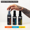 Three bottles of flaunt your ink tattoo care products with a hand holding one bottle on a white background.