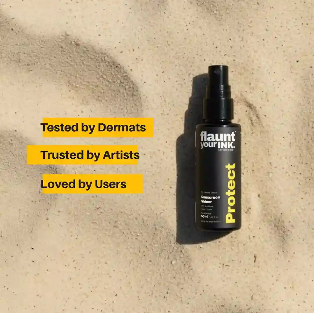 Black spray bottle labeled ' flaunt your INK' on a beige background with text about dermatologists, artists, and users.