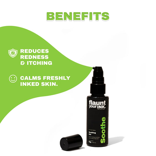 Flaunt Your Ink Soothe Tattoo Healing Gel benefits infographic - calms soothes and repairs tattooed skin