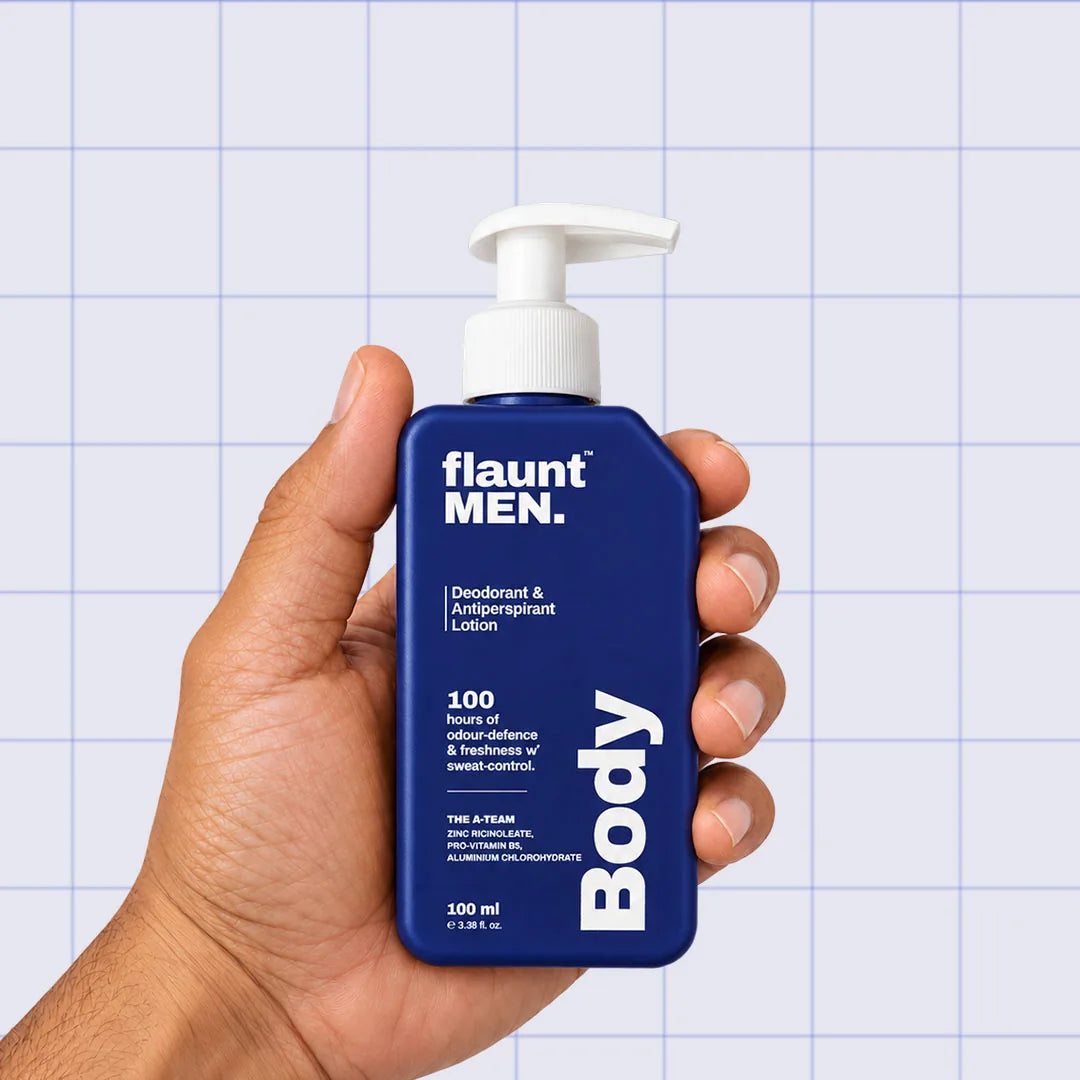Deodorant and Antiperspirant Lotion 100 ml pack held in hand, flaunt MEN.