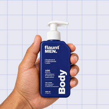 Deodorant and Antiperspirant Lotion 100 ml pack held in hand, flaunt MEN.