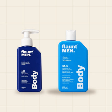Body Trial Duo: Odour Control Body Wash 100 ml and Deodorant and Antiperspirant Lotion 50 ml, flaunt MEN.