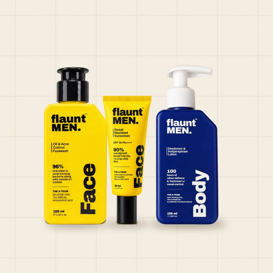 Creator Trio: Oil and Acne Control Facewash 50 ml, Sweat Resistant Sunscreen 25 ml and Deodorant and Antiperspirant Lotion 50 ml, flaunt MEN.