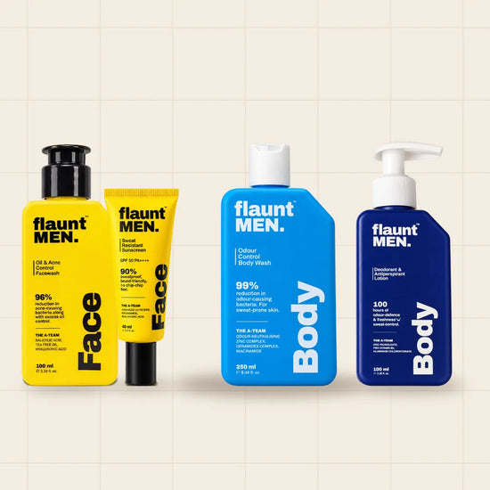 Full Trial Set: Facewash 50 ml, Sunscreen 25 ml, Body Wash 100 ml and Deodorant and Antiperspirant Lotion 50 ml, flaunt MEN.