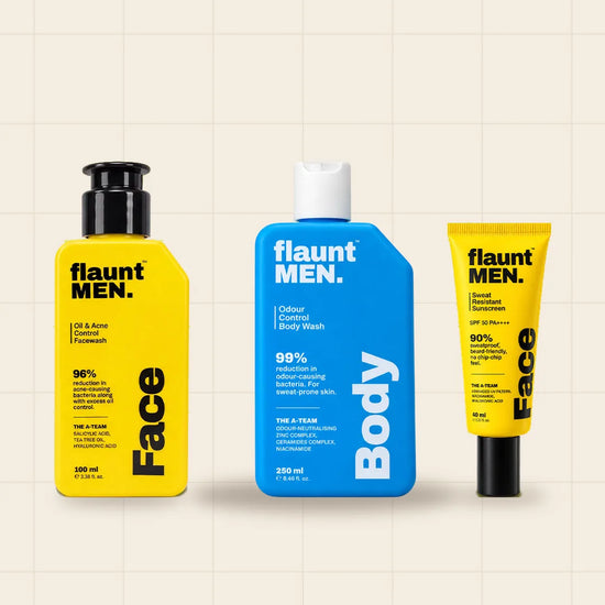 Routine Trio: Facewash 100 ml, Sunscreen 40 ml and Body Wash 250 ml, flaunt MEN.