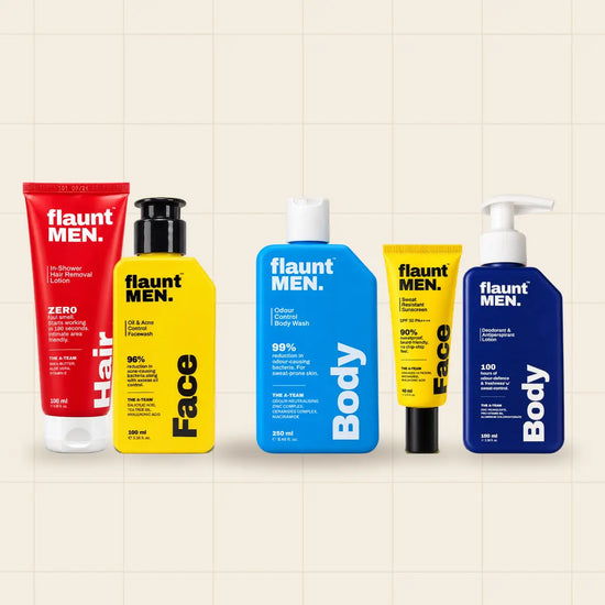 Whole Stack: Facewash, Sunscreen, Body Wash, Deodorant and Antiperspirant Lotion and In-Shower Hair Removal Lotion in full size, flaunt MEN.