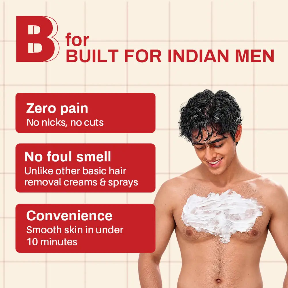 B for Built for Indian men: no nicks or cuts, no foul smell, smooth skin in under 10 minutes.